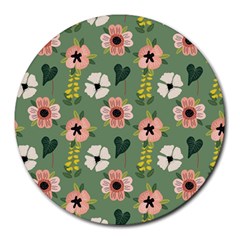 Flower Green Pink Pattern Floral Round Mousepad