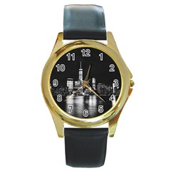 Nyc New York Skyline City Buildings Round Gold Metal Watch