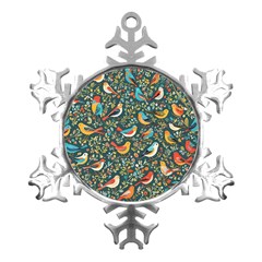 Birds Pattern Flowers Whimsical Metal Small Snowflake Ornament by Salmanaz77