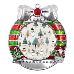 Snowman Snow Christmas Metal X mas Ribbon With Red Crystal Round Ornament by Ravend