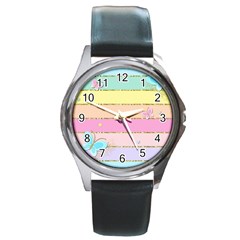 Pastel, Butterfly, Spring, Stripes, Round Metal Watch