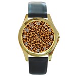 Leopard Skin Texture Macro, Brown Round Gold Metal Watch Front