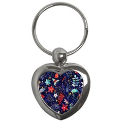 Festive Floral Pattern Christmas Blue Floral Flower Foliage Leaves Pattern Red Snow Winter Key Chain (heart)