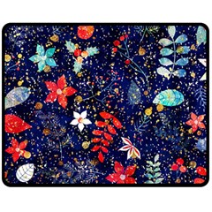 Festive Floral Pattern Christmas Blue Floral Flower Foliage Leaves Pattern Red Snow Winter Fleece Blanket (medium)