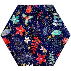 Festive Floral Pattern Christmas Blue Floral Flower Foliage Leaves Pattern Red Snow Winter Wooden Puzzle Hexagon