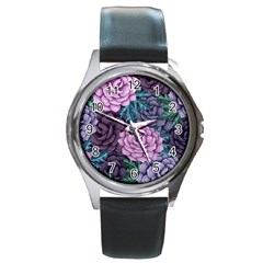 Purple Rose Retro Floral Flower Round Metal Watch