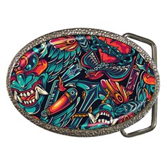 Vintage Tattoos Colorful Seamless Pattern Belt Buckles