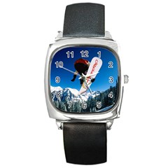 Snowboard Sport Airborne Square Metal Watch by ArtsCafecom3