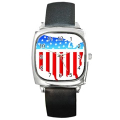 Usa Flag Map Black Leather Watch (square) by level3101