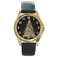 Christmas Tree Sparkle Jpg Black Leather Gold Rim Watch (round) by tammystotesandtreasures