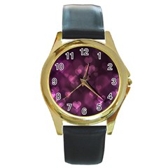 Purple Bokeh Black Leather Gold Rim Watch (round) by PurpleVIP