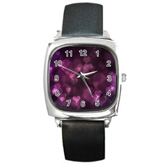 Purple Bokeh Black Leather Watch (square)