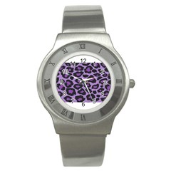 Purple Leopard Print Stainless Steel Watch (round)